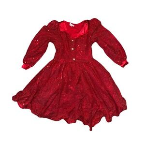Memories VTG 80s Girl Sz 8 Red Sequin Gold Pearl Long Sleeve Festive Party Dress